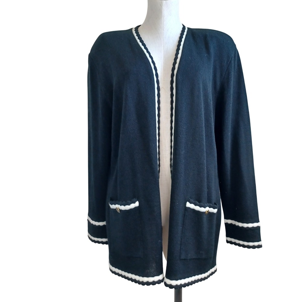 San Remo by Laura Knits Black White Scalloped Trim Open Front Cardigan XL